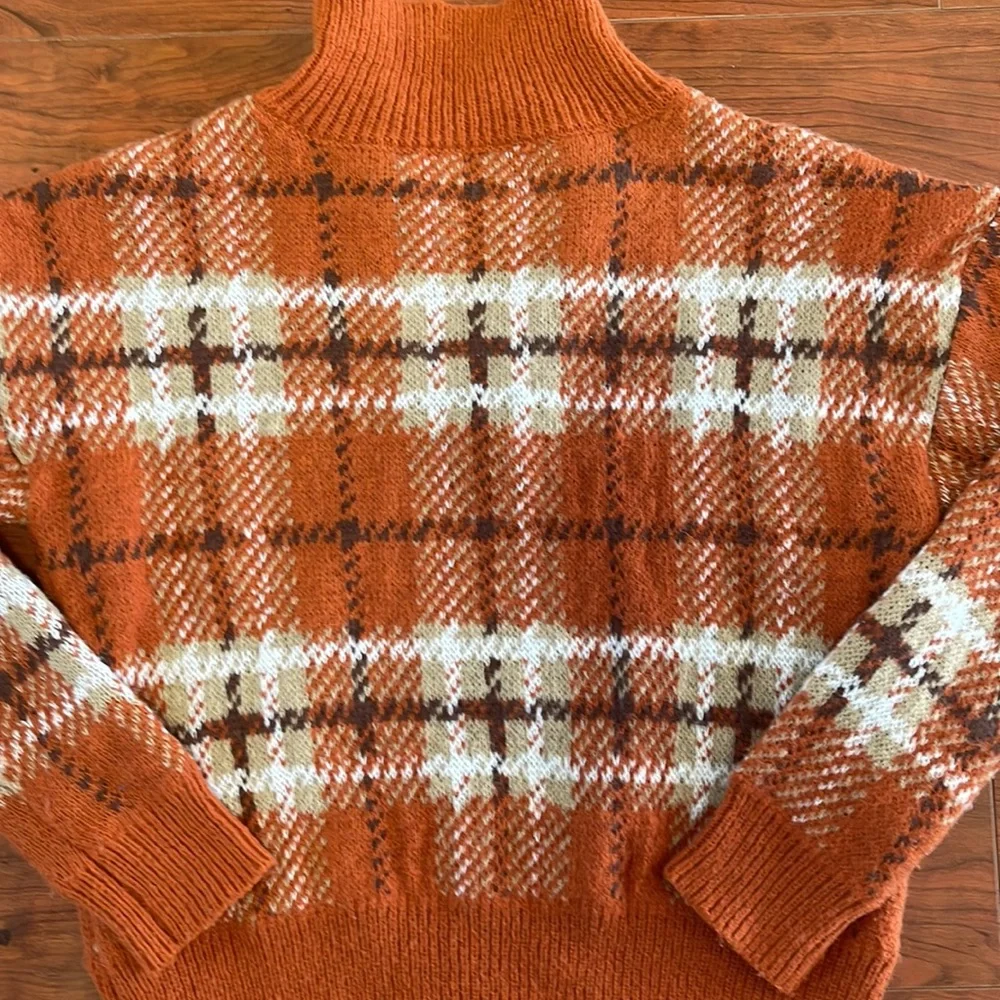 Almost Famous Orange Plaid V Neck Knit Sweater